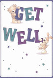 Brimming with cheer, this illustrated get well card radiates warmth and playful hopefulness, much like a fresh arrangement shaped with thought by a local florist in Walthamstow. Two joyful creatures-a lovable teddy bear and an exuberant puppy-interact with colourful, oversized letters that spell 'Get Well,' each character animated as if about to leap from the creamy, sunlit page. The text, painted boldly in indigos and teals, stands confidently against the soft background, while twinkling stars in varying shades of blue and purple scatter overhead, filling the space with a sense of gentle wonder and recovery. The illustrated textures-the bear's plush coat, the pup's velvety floppy ears-are rendered so invitingly that one can almost imagine the soothing comfort they bring. This card, crafted with care and intention, becomes more than a message; it is an emotional embrace, perfect to accompany a fresh bouquet delivered across Walthamstow, conveying genuine kindness and support to someone healing.